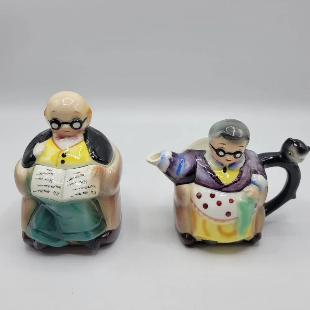 Vintage Hand Painted Japan Grandparents Creamer & Sugar Bowl Set